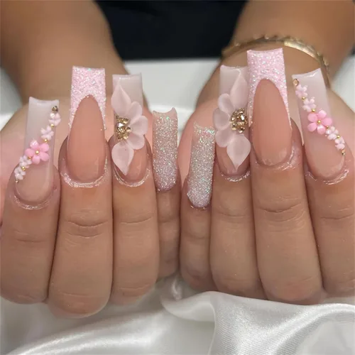 Vista 10 de BABALAL Uñas postizas punk a presión, uñas falsas cortas cuadradas, pegamento de caída de guepardo, uñas acrílicas azules y blancas con punta