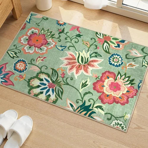 Vista 70 de Beeiva Alfombras florales de entrada, lavables para interiores, ultra fina, de 2 x 3 pies, antideslizante, para cocina, tapete de cachemira suave