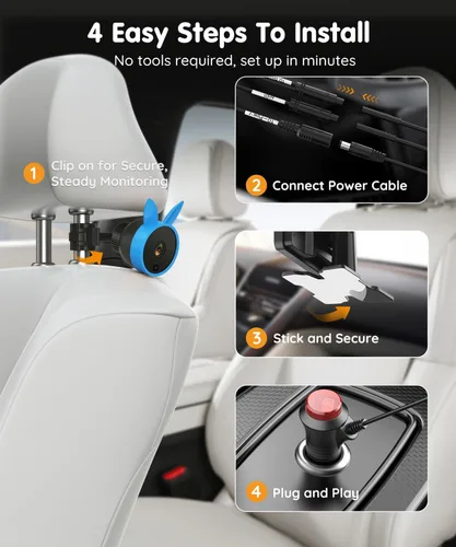 Vista 6 de Babyvue BV3PRO Cámara Dual para Coche de Bebé para 2 Niños, Pantalla Dividida HD 1080P de 18.3 cm, Visión Nocturna IR Cristalina sin Distorsión, Azul