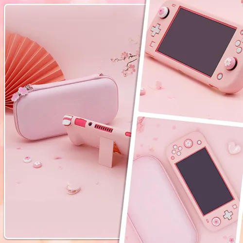 Vista 7 de BRHE Kit de accesorios para estuche de transporte de viaje rosa para Switch Lite, funda protectora dura con soporte, protector de pantalla