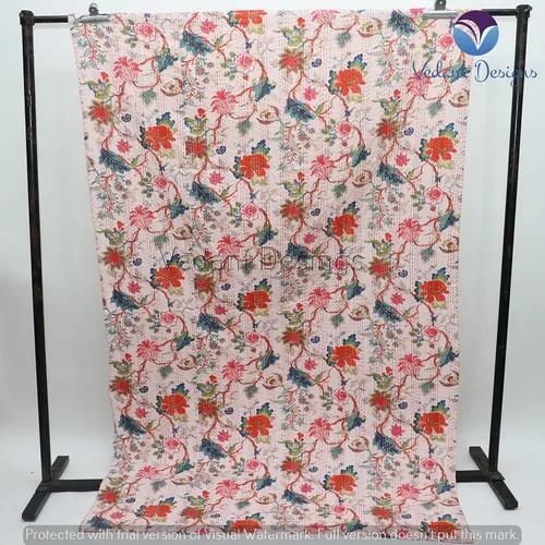 Vista 4 de Colcha india hecha a mano Kantha con estampado floral, funda de cama Kantha, manta de algodón individual Gudari (rosa claro)