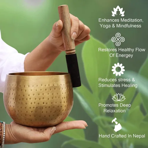 Vista 3 de DharmaObjects - Juego de cojín, mazo y cuenco tibetano cantor de meditación con anillo gong (Jumbo)