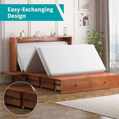 Vista 4 de BALUS Murphy - Cama Queen con colchón, cama de armario para ahorrar espacio, color cereza