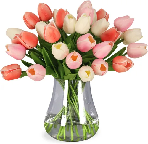 Vista 9 de 30 tulipanes reales al tacto, flores de poliuretano, tulipanes artificiales para arreglos de boda, fiesta, Pascua, primavera, hogar, comedor, Rosa