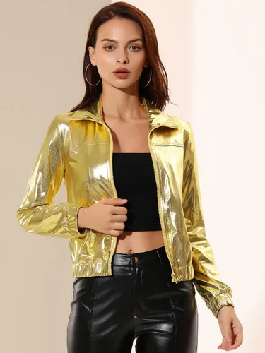 Vista 3 de Allegra K Chaqueta metálica holográfica brillante para mujer, manga larga, ligera, con cremallera
