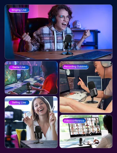 Vista 7 de Micrófono para juegos con cancelación de ruido y botón de silencio, micrófono de condensador USB para transmisión/grabación, diseño ultracompacto