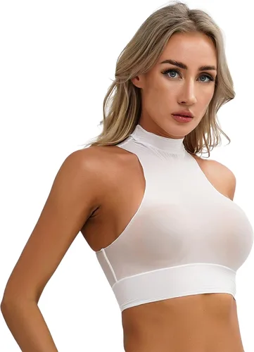 Vista 3 de Mujeres atractivas ver a través de Crop Top Sheer Mock Neck Bra sin mangas apretado Cami chaleco ropa de dormir