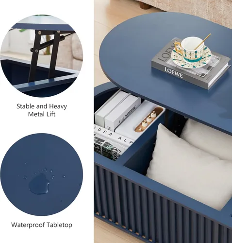 Vista 8 de Mesa de Centro Ovalada con Tapa Elevable y Almacenamiento, 43.3" Mesa Central Moderna de Mediados de Siglo con Compartimento Oculto, Mesa de Comedor