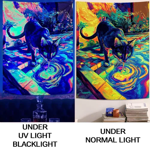 Vista 3 de Spenlife Blacklight - Fantástico tapiz de gato negro, tapiz de pared de gato reactivo que brilla con rayos UV para decoración de habitación, tapiz