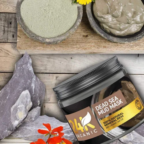 Vista 7 de Máscara orgánica de barro del Mar Muerto 24K para cara, cabello y cuerpo, 100% natural y orgánico, limpiador de piel profunda, aplicador de cepillo