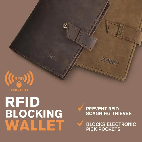 Vista 4 de Kattee Soporte para pasaporte de cuero genuino con bloqueo RFID, billetera de viaje plegable para hombres, Marrón, Vintage