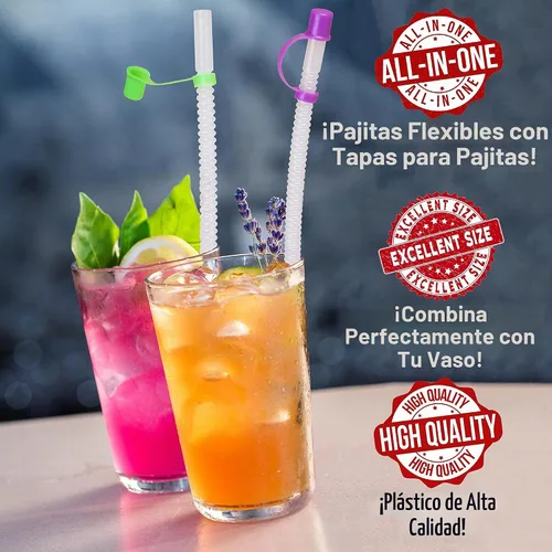 Vista 5 de Pajitas flexibles con tapa de pajilla, popotes flexibles de 11 pulgadas de largo, popotes flexibles y reutilizables con tapas de tapas