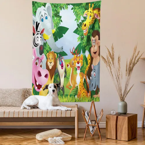 Vista 2 de Ambesonne Tapiz de dibujos animados, grupo de animales de la selva de sabana con expresiones divertidas, estampado de mascotas de sabana, colgante