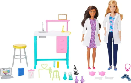 Vista 2 de Barbie Careers Science Doll y juego con temática de laboratorio 2 muñecas de moda, más de 10 accesorios temáticos STEM y más, a partir de 3 años