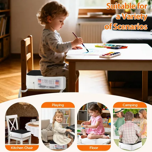 Vista 6 de Asiento elevador para silla de cocina, cojín de asiento elevado para niños Mesa de comedor de PU para niños pequeños con lazos y bolsillos