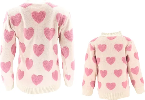 Vista 4 de Unique Baby Suéter de punto con cuello redondo para niñas Mommy and Me, Rosado con corazones