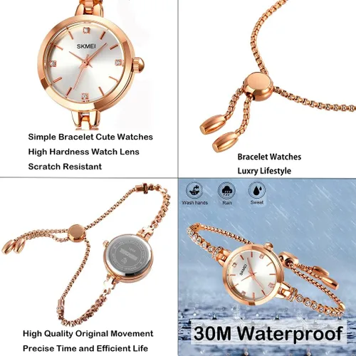 Vista 4 de SKMEI Women Watches Bracelet Diamond Ladies Female Small Rose Gold Fashion Luxury Thin Waterproof Analog Quartz Casual Girls Wife Gifts Silver Wrist