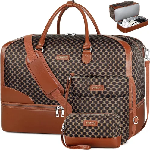 Vista 39 de Bolsa de fin de semana para mujer, bolsa de viaje de nailon, con compartimento para zapatos, tamaño grande 1-beige
