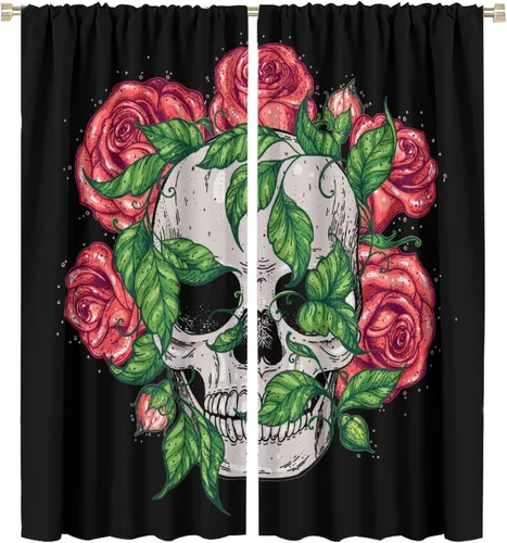 Vista 35 de Cortinas de cabeza de calavera, calavera blanca y rosas rojas con ramas y hojas negras, cortinas opacas decorativas para sala de estar, dormitorio