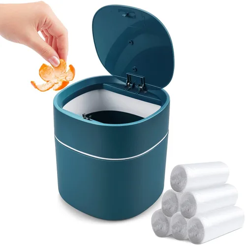 Vista 2 de Pequeño cubo de basura de escritorio con tapa, 2 piezas y bolsa de basura 360 piezas