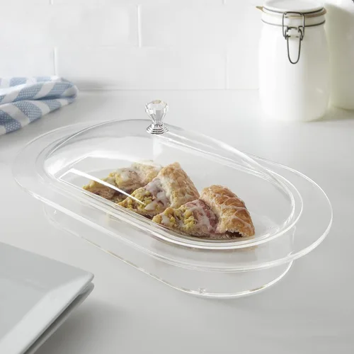 Vista 2 de Huang Acrylic Bandeja ovalada transparente para servir alimentos Servware con tapa utilizada para aperitivos, aperitivos y entradas para compartir