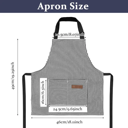 Vista 3 de Jiuguva 2 piezas de delantal para niños ajustable de algodón para niños pequeños con rayas de chef con 2 bolsillos para hornear para niños