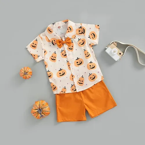 Vista 2 de Conjunto de ropa de 2 piezas con botones de calabaza y solapa para niños pequeños y niños pequeños