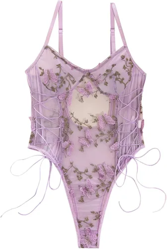 Vista 13 de Lilosy Teddy de Lencería Sexy para Mujer con Cordones y Bordado Floral, Body Top de Malla Transparente de Una Pieza Verde militar