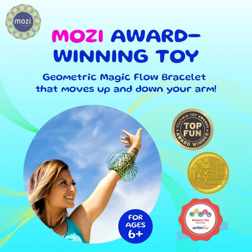 Vista 2 de Mozi Pulsera geométrica de flujo mágico, fácil de usar, juguete en espiral 3D, pulsera giratoria para niños y adultos (negro y dorado) (paquete de 2)