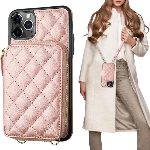 Vista 13 de Bocasal Funda tipo cartera cruzada para iPhone 11 Pro Max, con bloqueo RFID, de piel sintética, con cremallera, funda tipo cartera con función atril