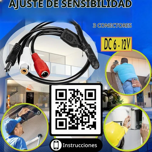 Vista 4 de Micrófono CCTV con preamplificador RCA Audio Out 12V DC — Ganancia ajustable — para cámaras DVR/NVR e IP (1 paquete)