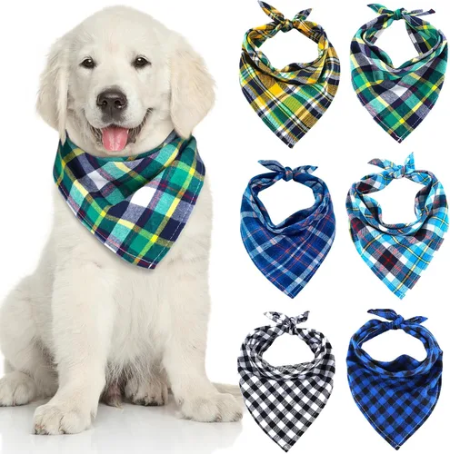 Vista 11 de Honoson 6 pañuelos triangulares para perro, bufanda para perro, bufanda con estampado a cuadros, baberos ajustables, lavables, juego de bandana