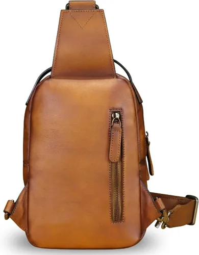 Vista 3 de LRTO Bolso de cuero genuino para hombres y mujeres, mochila bandolera de cuero real para el pecho, bolso cruzado, Marrón, Mochilas Sling