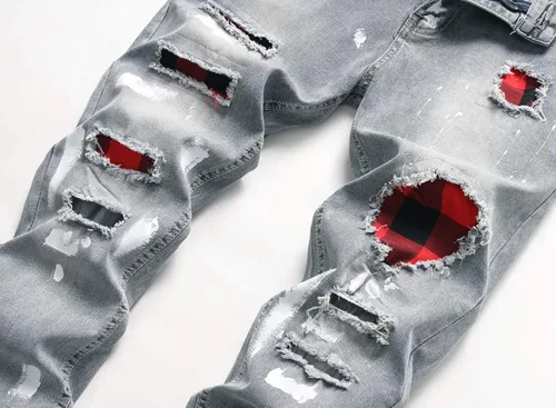 Vista 2 de SRETOUU Pantalones de mezclilla ajustados para hombre elásticos rasgados elásticos ajustados desgastados de pierna cónica