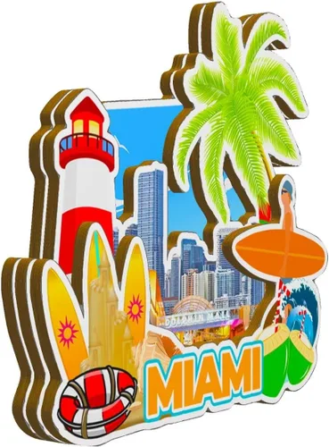 Vista 2 de Imán de madera para nevera de Miami Florida USA Monumentos de madera 3D para viajes, recuerdos coleccionables, decoración hecha a mano -2718