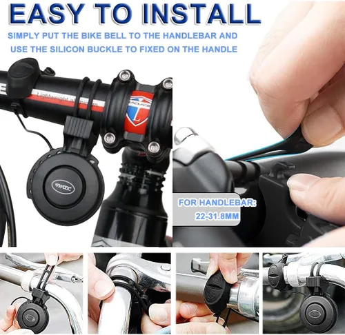 Vista 5 de Bocina eléctrica para bicicleta, mini timbre de bicicleta de 100 dB con 4 modos de sonido, recargable por USB e impermeable, ideal para bicicletas
