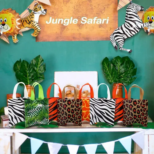 Vista 4 de Tallew 20 bolsas de fiesta con estampado de animales, bolsas de golosinas de vida silvestre, safari, selva, bolsa no tejida con diseño de hojas