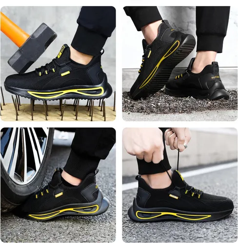 Vista 6 de GLANOUDUN Zapatos con punta de acero para hombre, zapatos de trabajo para hombres, zapatos de seguridad ligeros y cómodos, puntera de acero, zapatos