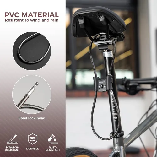 Vista 2 de ROCKBROS Candado de bicicleta (2.2 ft/2.2 pies), bloqueo de cable de combinación de 3 dígitos reiniciable, para motocicleta, bicicleta de carretera