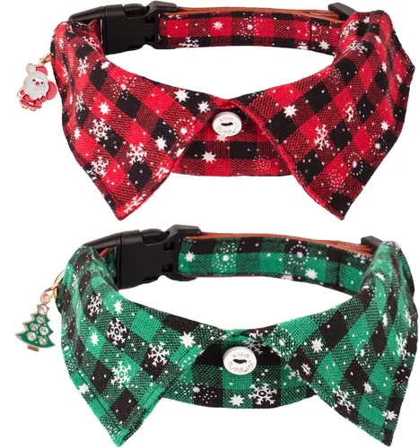 Vista 8 de ADOGGYGO Collar de Navidad para perro con pajarita, collar ajustable con corbatín para perro, collar de Navidad a cuadros rojos y verdes para perros