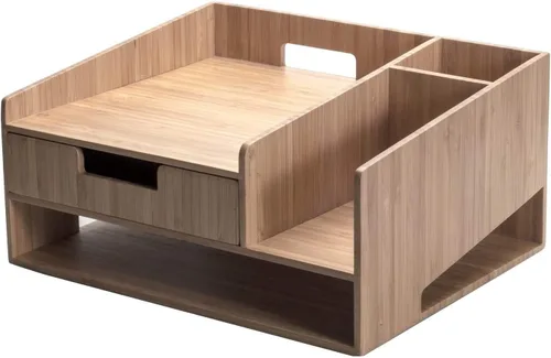 Vista 3 de MobileVision Soporte de teléfono de bambú con cajón, bandeja de papel y soporte para lápices, solución de almacenamiento para productos de oficina