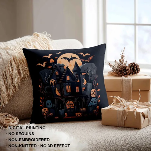 Vista 4 de Shrahala Funda de almohada decorativa de castillo oscuro de Halloween, casa con murciélagos de bruja, esqueleto, funda de almohada cuadrada mezclada