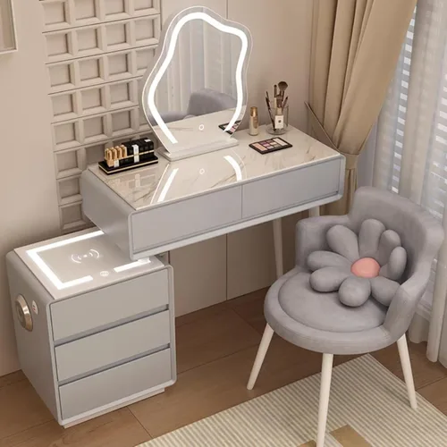 Vista 17 de Tocador con espejo con luces, mesa de tocador con cajones, mesa de maquillaje blanca, 3 modos de iluminación de brillo ajustable, para dormitorio