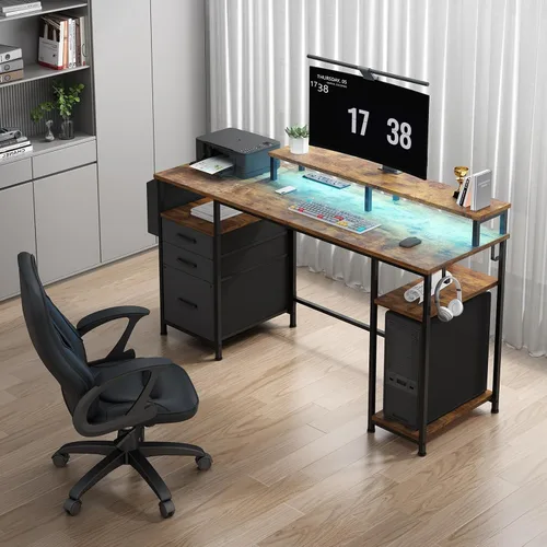 Vista 2 de Lufeiya Escritorios para juegos con luces LED y tomas de corriente, escritorio para computadora de estudio y escritura de 55 pulgadas con cajones