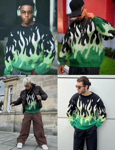 Vista 56 de ZAFUL Y2K - Suéter casual con estampado de llama estética para hombre, suéter de punto holgado, manga larga, cuello redondo
