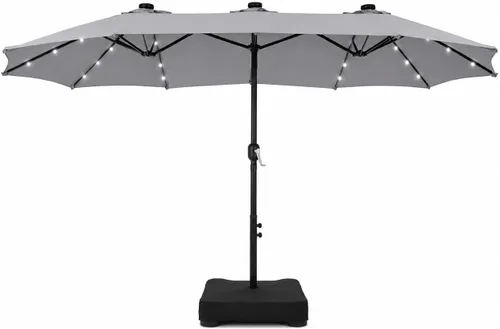 Vista 10 de PHI VILLA Sombrilla de patio grande de 15 pies con base y luces solares, paraguas rectangular de doble cara para exteriores con 36 luces LED, Beige