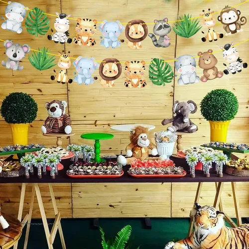 Vista 7 de Pancartas de safari en la selva, 2 unidades, animales de safari, fiestas de cumpleaños, decoraciones de guirnalda de fiesta temática para Wild One