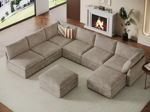 Vista 14 de VANOMi Sofá modular modular en forma de L de 98 pulgadas con otomana Beige