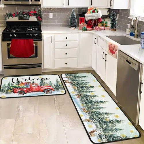 Vista 5 de Juego de 2 alfombras y tapetes de cocina navideñas para camiones, decoraciones navideñas para el hogar, antideslizantes con respaldo, alfombras
