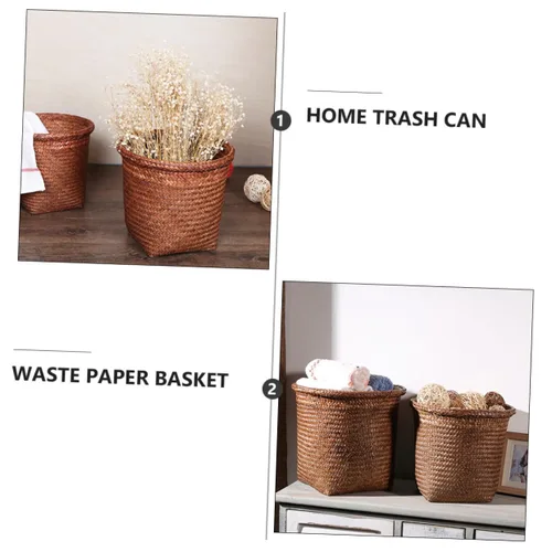 Vista 6 de Papelera de ratán tejida con paja, cesta de basura de oficina, diseño de paja natural, seguro y fácil de usar